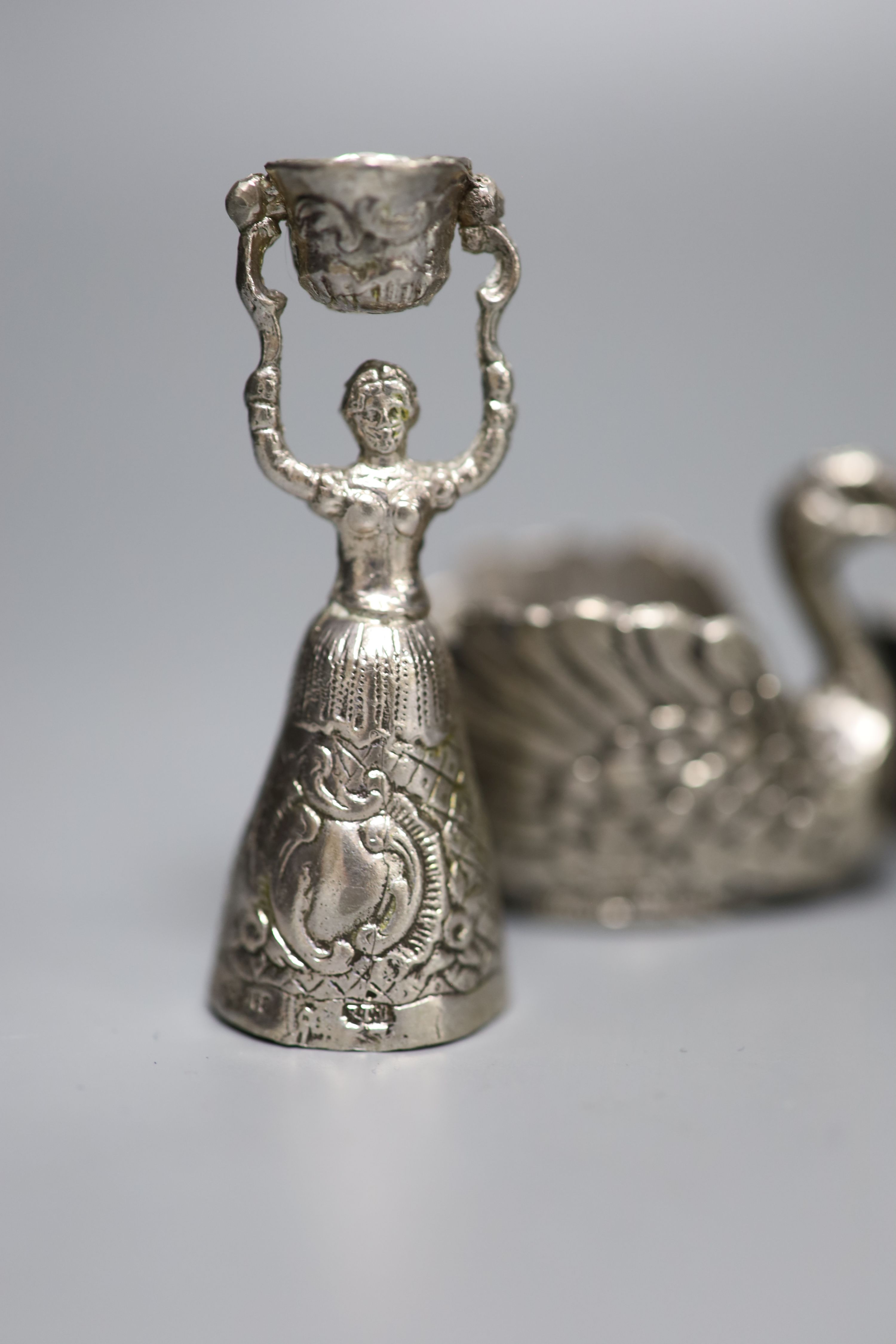 An Edwardian miniature silver model of a settee, two later chairs and a table and five other items, including aide memoire.